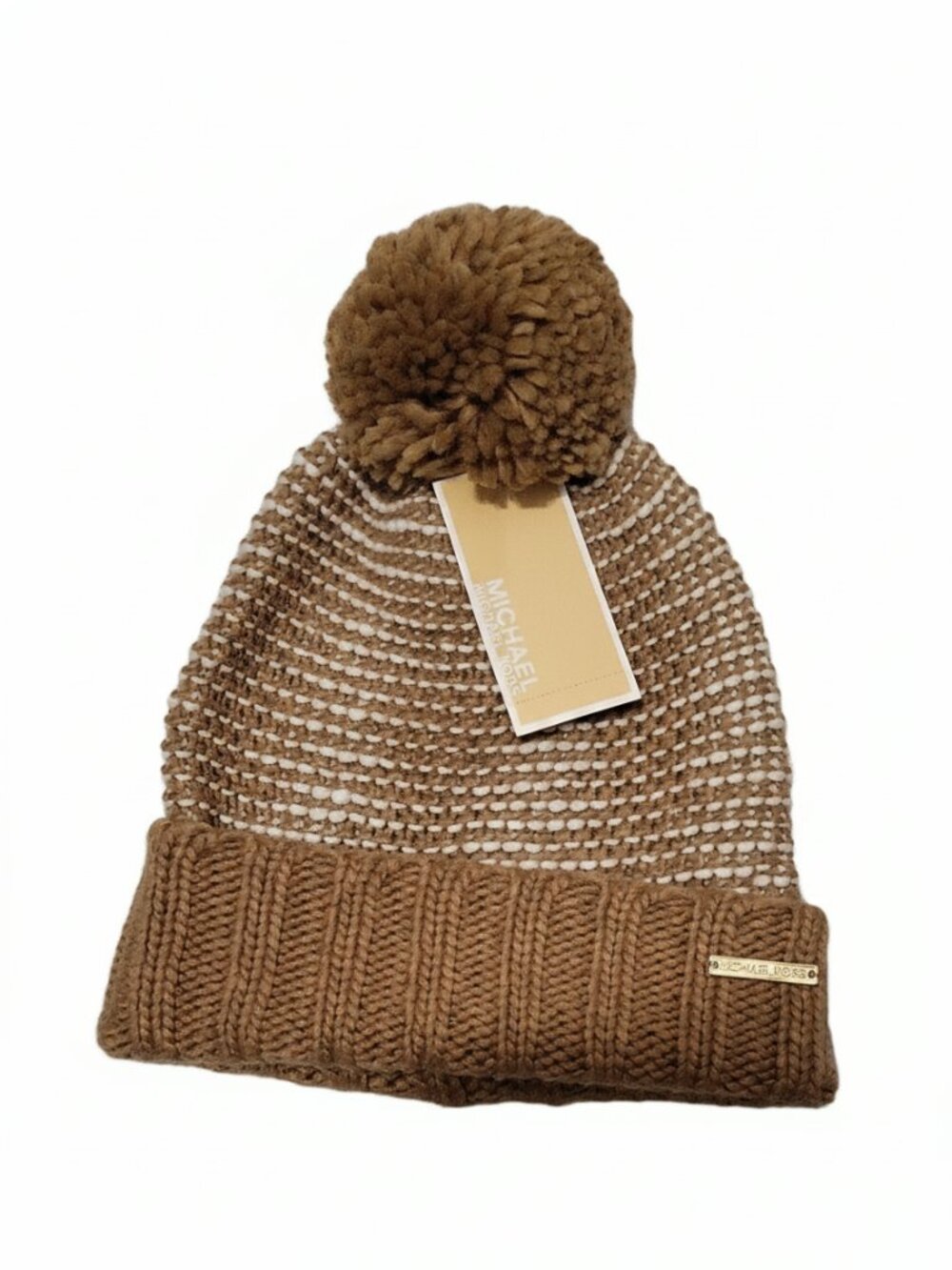 Michael Kors Tan and White Pom-Pom Knit Beanie